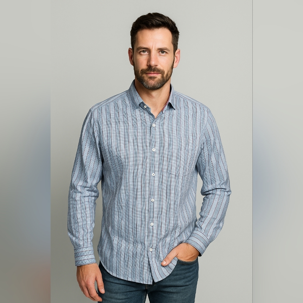 Tommy Bahama M Blue Striped Plaid Long Sleeve Button Down Shirt 100% Cotton
